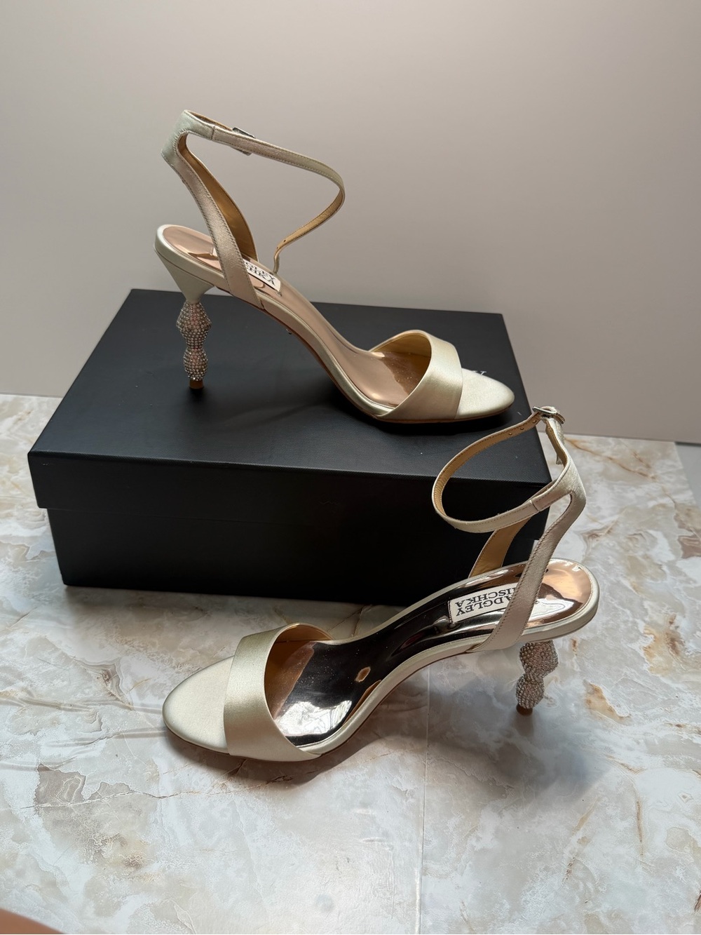 Badgley Mischka Gold Satin Crystal-Embellished Heel Sandals
